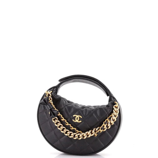 Double Chain Bow Hobo Pouch Quilted Caviar Mini