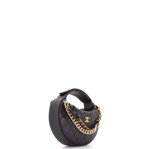 Double Chain Bow Hobo Pouch Quilted Caviar Mini