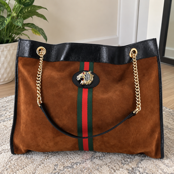 Rajah Large Chain Tote Brown Suede | 2nd Luxe