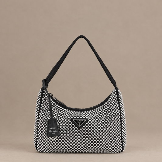 Re-Edition 2000 Crystal-Embellished Satin Mini Hobo in Black