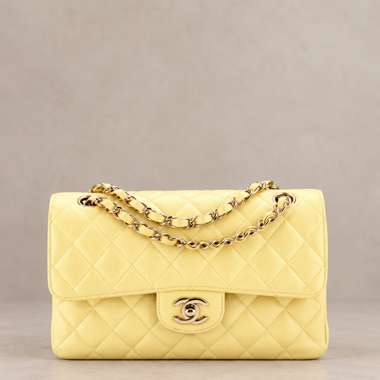 Classic Double Flap Bag Small Iridescent Yellow Caviar